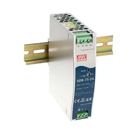 Meanwell Power Supply, 88 to 264V AC, 48V DC, 75W, 1.6A, DIN Rail SDR-75-48